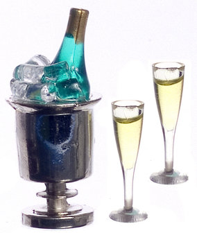 Set van campagne koeler, -fles, ijsblokjes + 2 glazen; miniatures world; Poppenhuis 1:12; 1op12; inrichting voor poppenhuizen; 