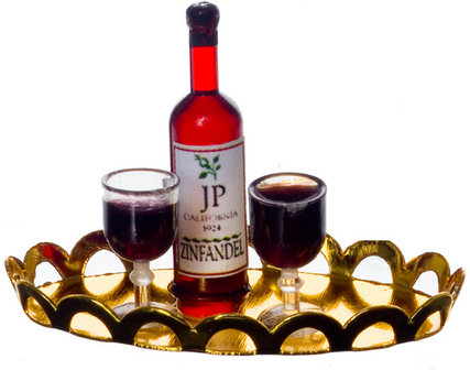 fles rode wijn+ 2 glazen+dienblad; miniatures world; Poppenhuis 1:12; 1op12; inrichting voor poppenhuizen; poppenhuizen; modelb