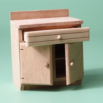 hobby en modelbouw; Keukenkastje van onbehandeld hout; poppenhuis; schaal 1 op 12; schaal 1:12; poppenhuismeubels; poppenhuismi