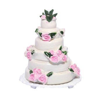 Bruidstaart met roze roosjes; Eigengebakken taart; miniatures world; Poppenhuis 1:12; 1op12; inrichting voor poppenhuizen; popp