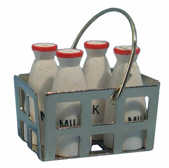 Melkmandje met 4 flessen melk; miniatures world; Poppenhuis 1:12; 1op12; inrichting voor poppenhuizen; poppenhuizen; bloemkool,