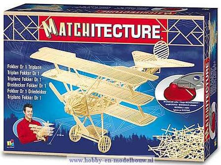 Fokker; Matchitecture,bouwen met lucifers,modelbouw met lucifers,lucifer bouwpakket;  bouwwerk van lucifers; knutselen met luci