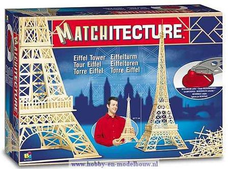 Matchitecture,bouwen met lucifers,modelbouw met lucifers,lucifer bouwpakket; Eiffeltoren;  bouwwerk van lucifers; knutselen met