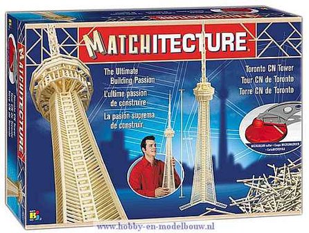 Matchitecture,bouwen met lucifers,modelbouw met lucifers,lucifer bouwpakket; Toronto CN Tower;  bouwwerk van lucifers; knutsele