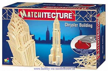 Matchitecture,bouwen met lucifers,modelbouw met lucifers,lucifer bouwpakket; Chrysler Building; bouwwerk van lucifers; knutsele