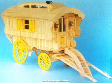 Matchcraft,bouwen met lucifers,modelbouw met lucifers,lucifer bouwpakket; Woonwagen; zigeunerwagen; hobby en modelbouw