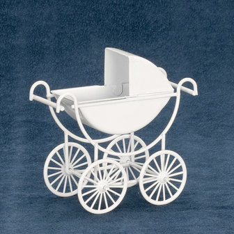 Witte metalen kinderwagen, poppenhuis; schaal 1 op 12; schaal 1:12