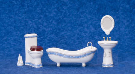 Witte proceleinen badkamerset met blauwe rand, 5 delig 