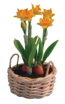 Narcissen in mand; bloemen 1op12; planten 1op12;  poppenhuis planten; miniatuur bloemen;  poppenhuis bloemen;  miniatuur plante