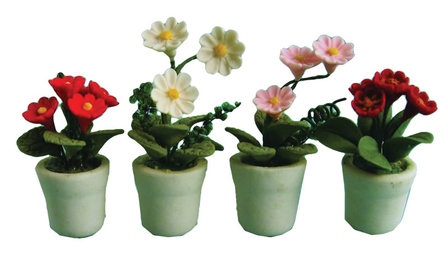 set van 4 bloeiende planten in bloempot; bloemen 1op12; planten 1op12;  poppenhuis planten; miniatuur bloemen;  poppenhuis bloe