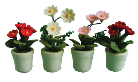 set van 4 bloeiende planten in bloempot; bloemen 1op12; planten 1op12;  poppenhuis planten; miniatuur bloemen;  poppenhuis bloe