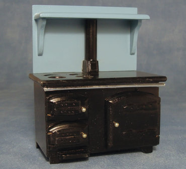 Zwart houten fornuis met lichtblauwe schouw; poppenhuis meubels; schaal 1op12