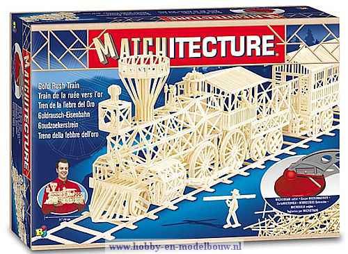 Matchitecture,bouwen met lucifers,modelbouw met lucifers,lucifer bouwpakket; Gold Rush Train;  bouwwerk van lucifers; knutselen