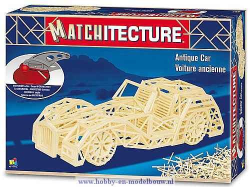 Matchitecture,bouwen met lucifers,modelbouw met lucifers,lucifer bouwpakket; Antieke autol  bouwwerk van lucifers; knutselen me