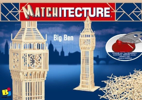 Matchitecture,bouwen met lucifers,modelbouw met lucifers,lucifer bouwpakket; Big Ben;  bouwwerk van lucifers; knutselen met luc