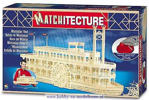 Matchitecture,bouwen met lucifers,modelbouw met lucifers,lucifer bouwpakket; Mississippi raderboot; Matchitecture,bouwen met lu