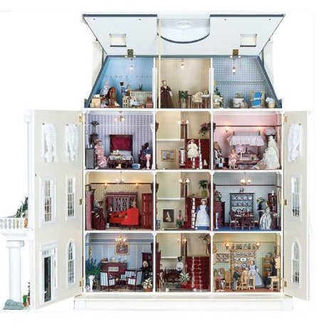 Grosvenor Hall, the Dolls House Emporium; ongeschilderd; geschilderd; gebouwde poppenhuizen, bouwpakketten van poppenhuizen of 