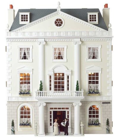 Grosvenor Hall, the Dolls House Emporium; ongeschilderd; geschilderd; gebouwde poppenhuizen, bouwpakketten van poppenhuizen of 