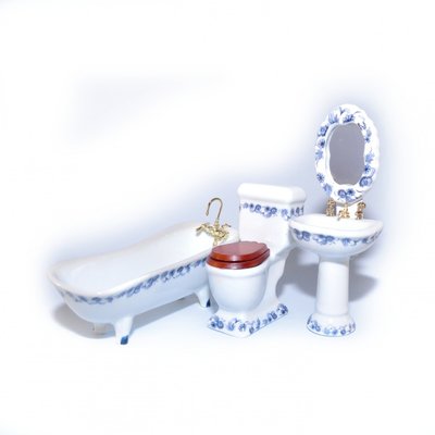 De Luxe badkamerset met blauwe bloemenrand, 4 delig